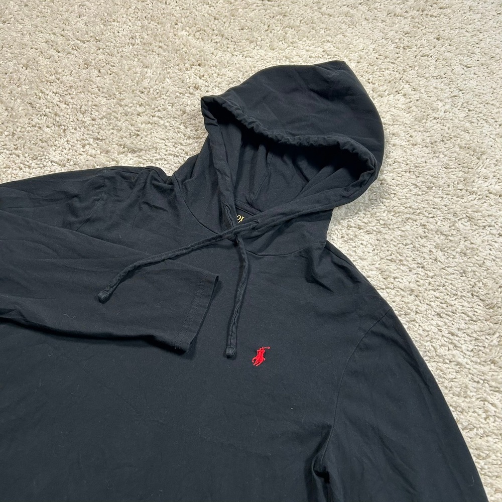 Polo Ralph Lauren Jersey Hooded T-Shirt Medium Black Long Sleeve Pony Hoodie